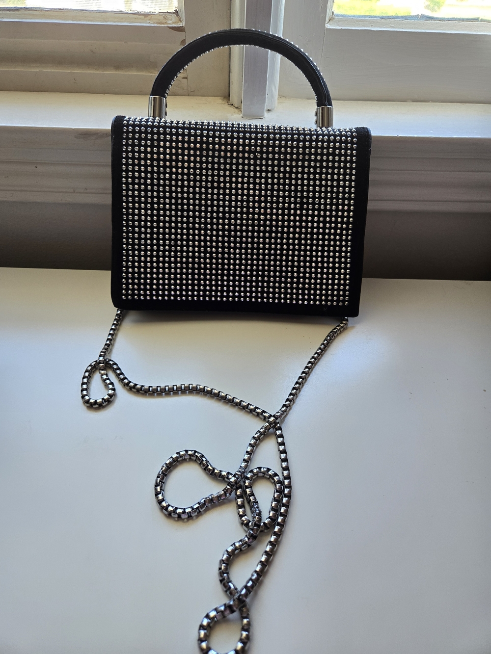 Black Rhinestone Top-Handle Crossbody Bag